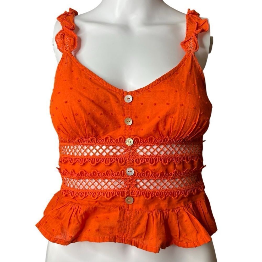 Twine & String Orange Lace Trim Button-Up Top Size XS